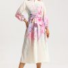 Floral Bottom Lantern Sleeve Midi Dress With Belt