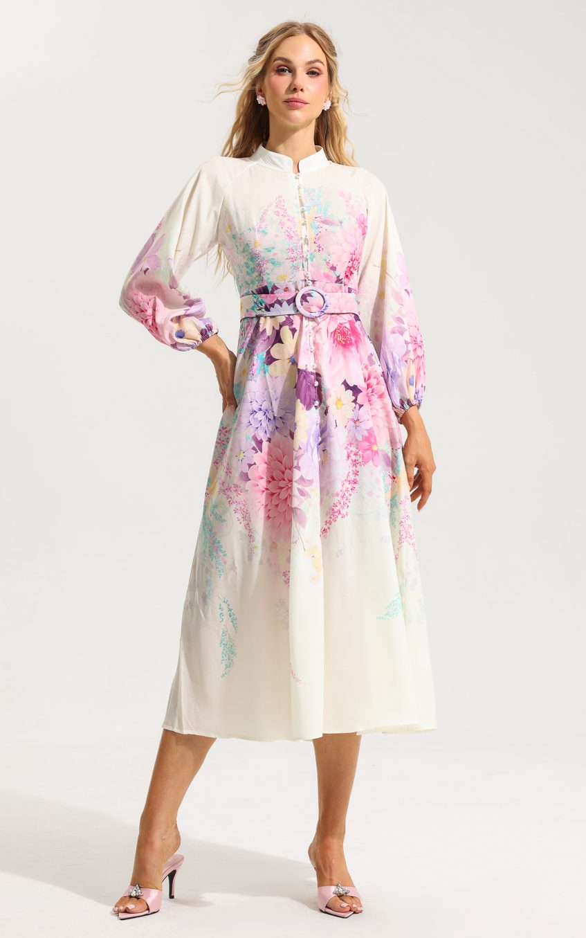 Floral Bottom Lantern Sleeve Midi Dress With Belt
