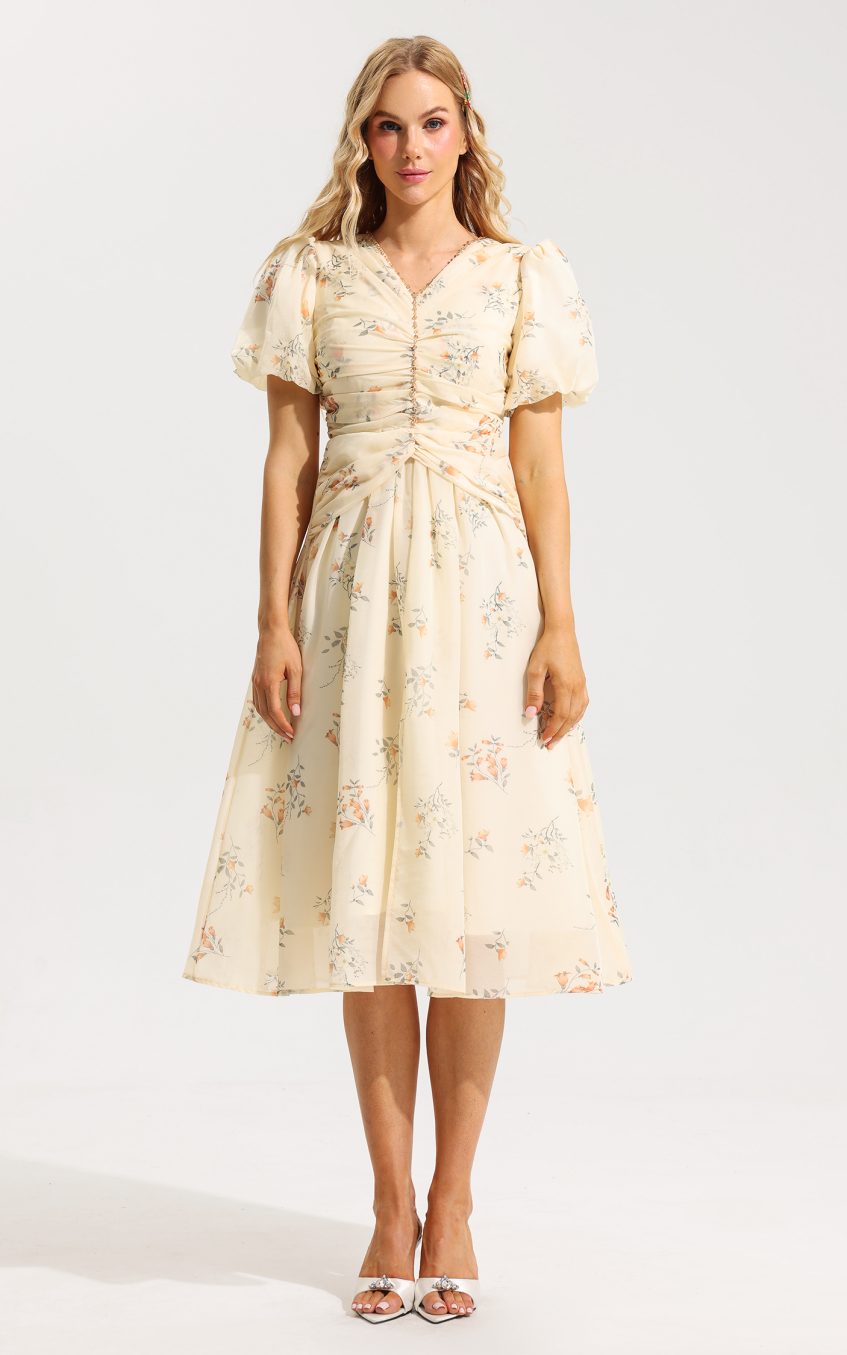 Floral V-Neck Short Sleeve Midi Dress