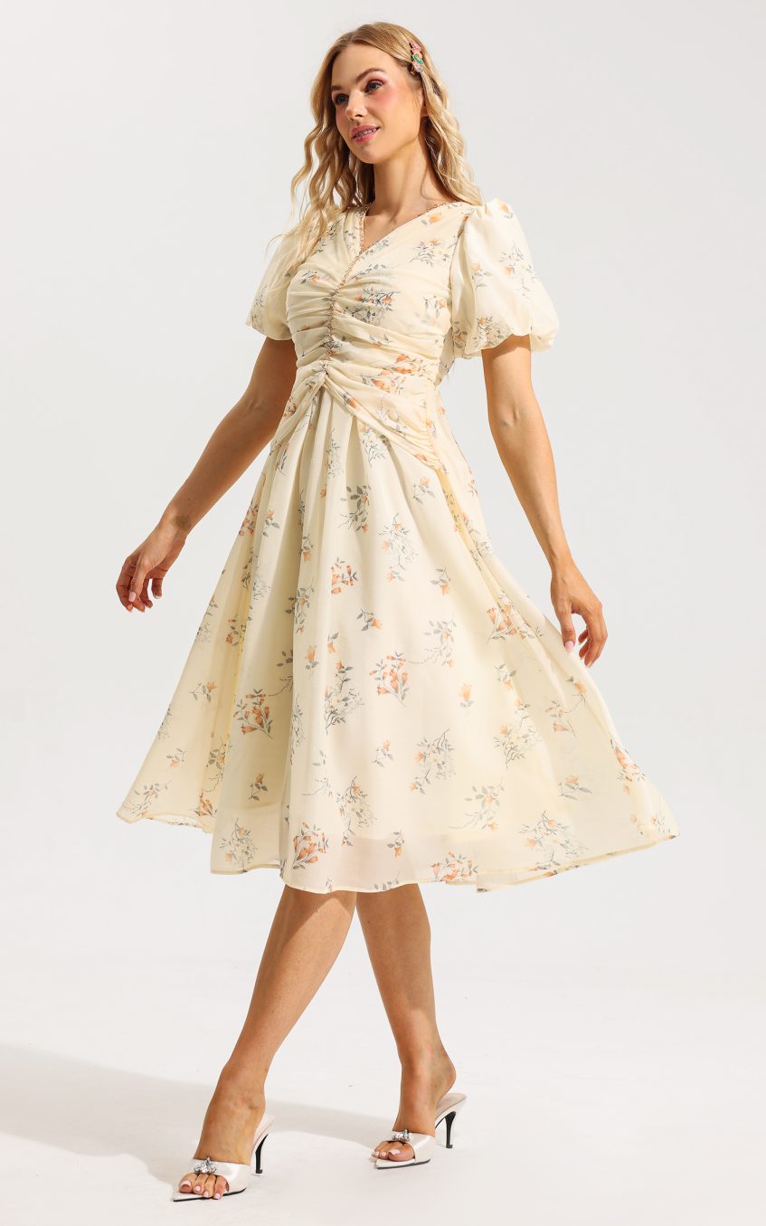 Floral V-Neck Short Sleeve Midi Dress