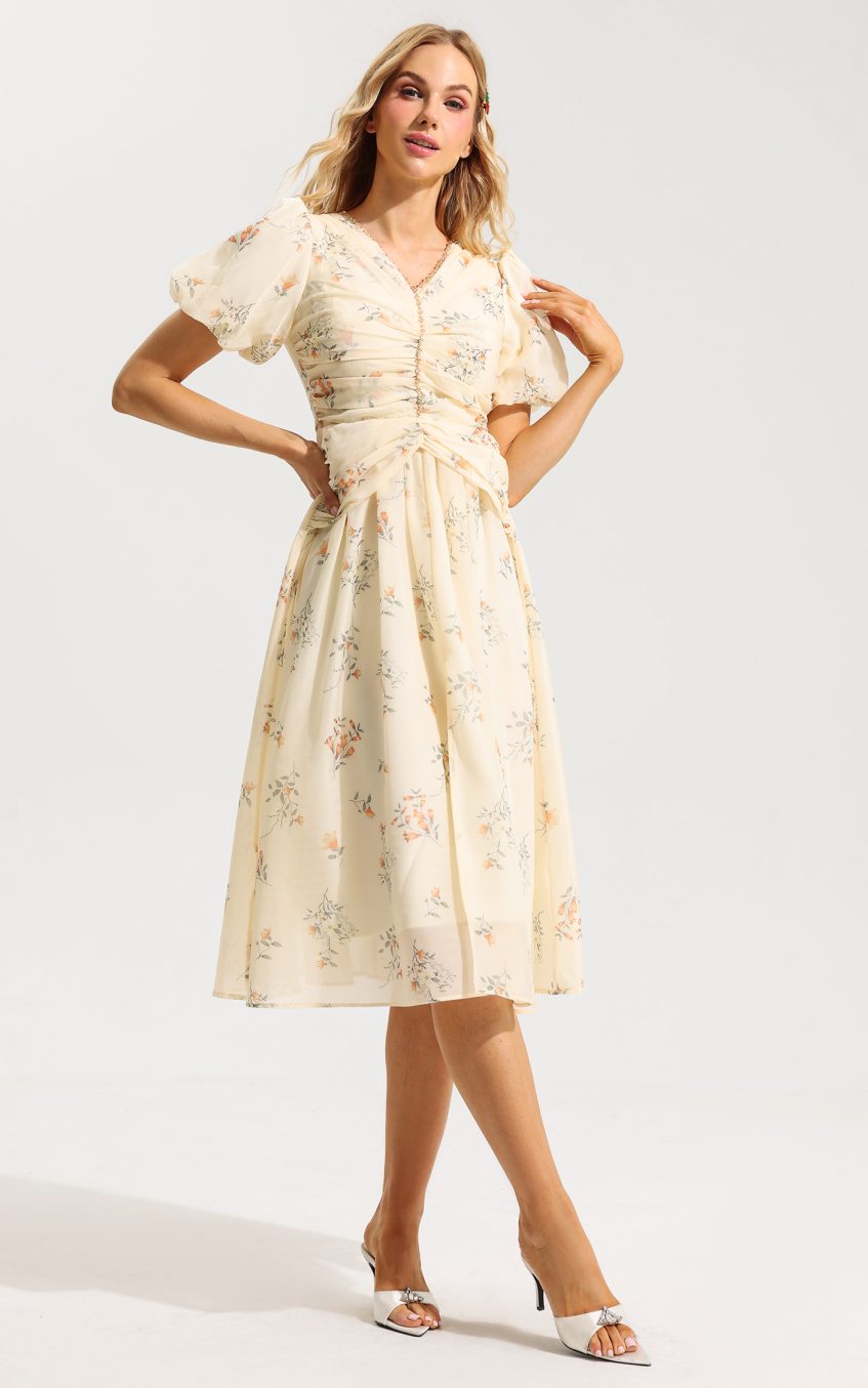 Floral V-Neck Short Sleeve Midi Dress