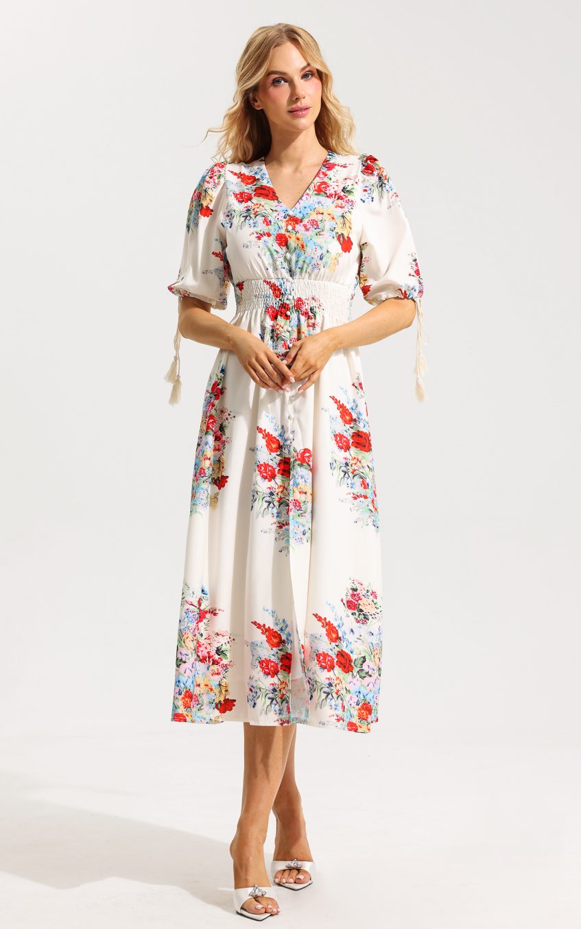 Floral Bottom Puff Sleeve Midi Dress