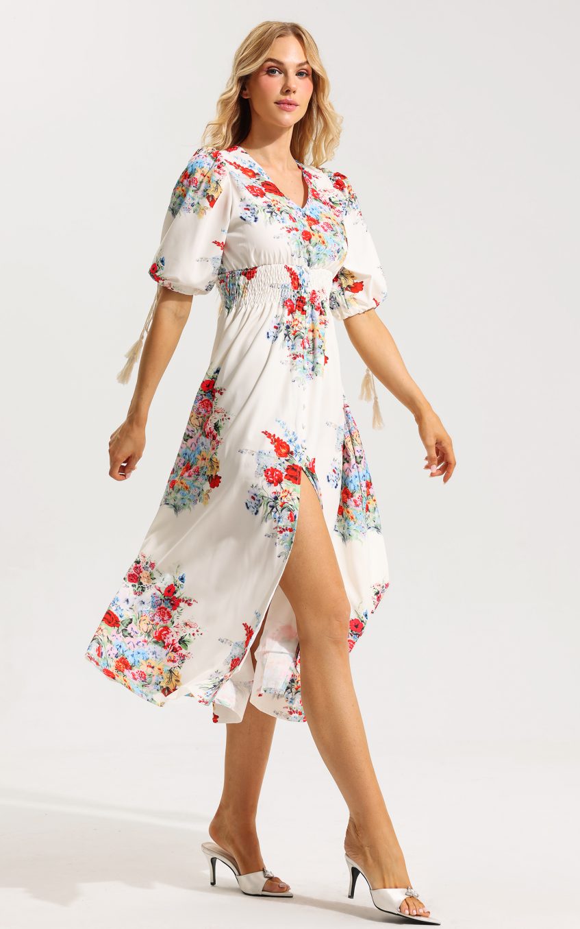 Floral Bottom Puff Sleeve Midi Dress