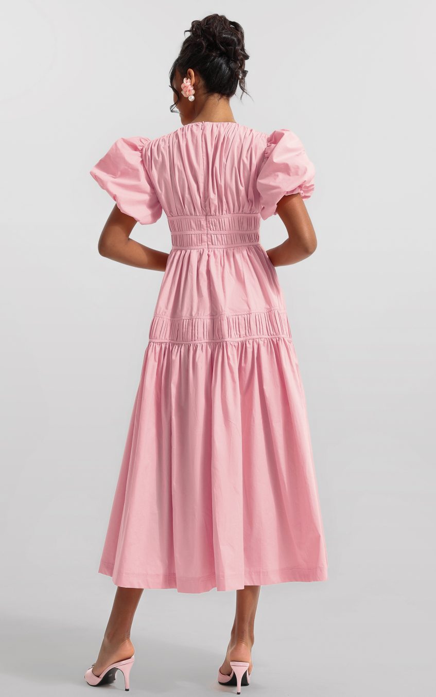 Solid V-Neck Puff Sleeve Midi Dress