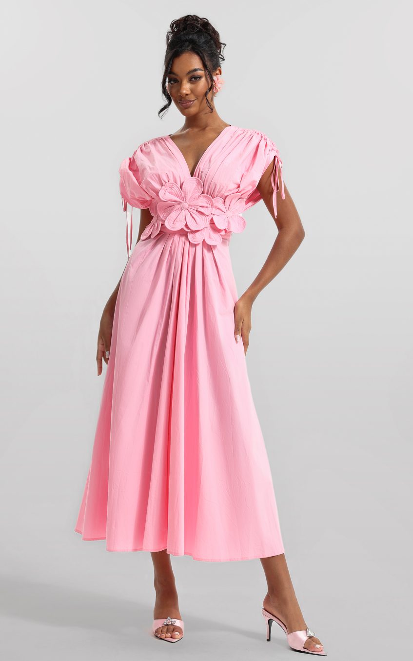 3D Floral V-Neck Lace Up Midi Dress