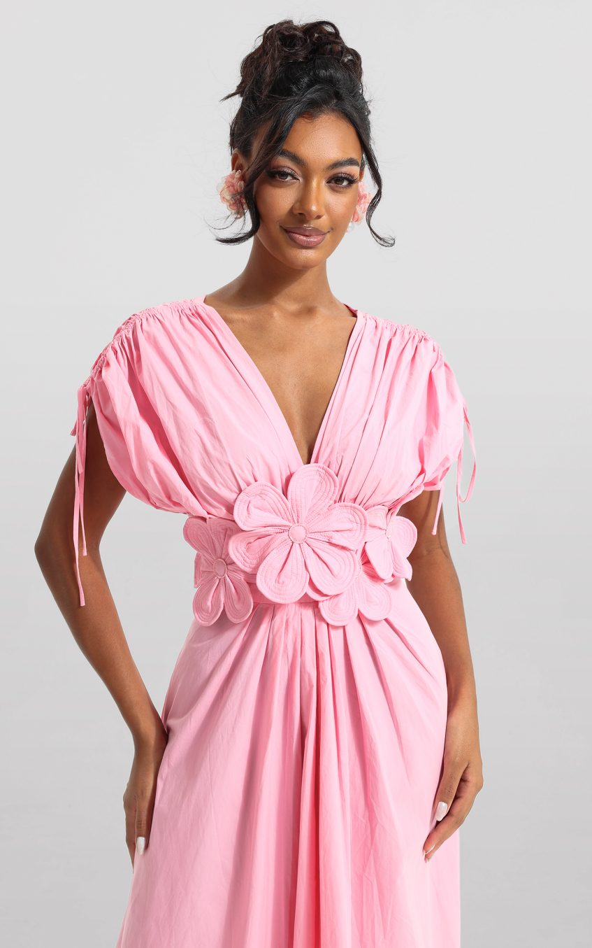 3D Floral V-Neck Lace Up Midi Dress