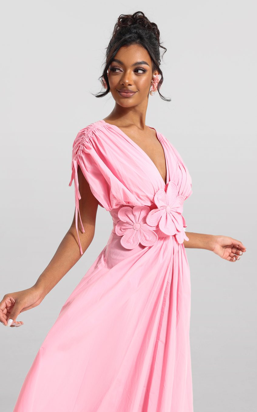 3D Floral V-Neck Lace Up Midi Dress