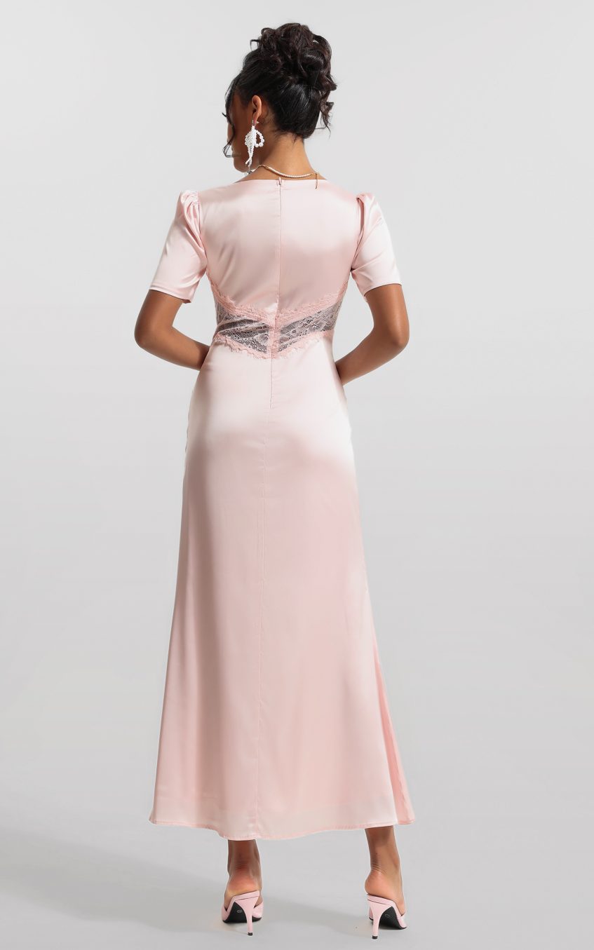 Satin Solid Lace V-Neck Midi Dress