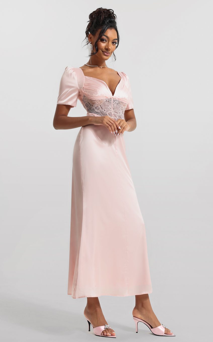 Satin Solid Lace V-Neck Midi Dress