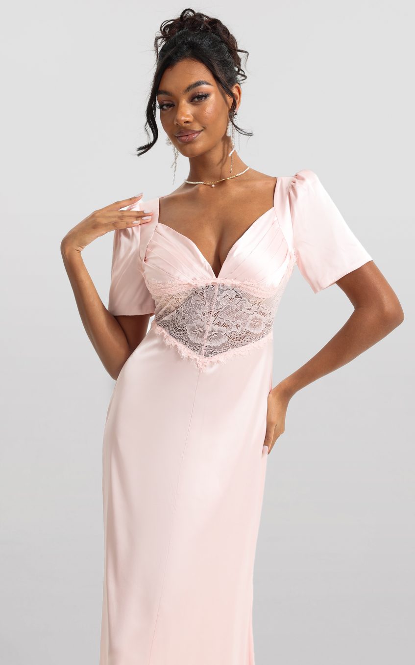 Satin Solid Lace V-Neck Midi Dress
