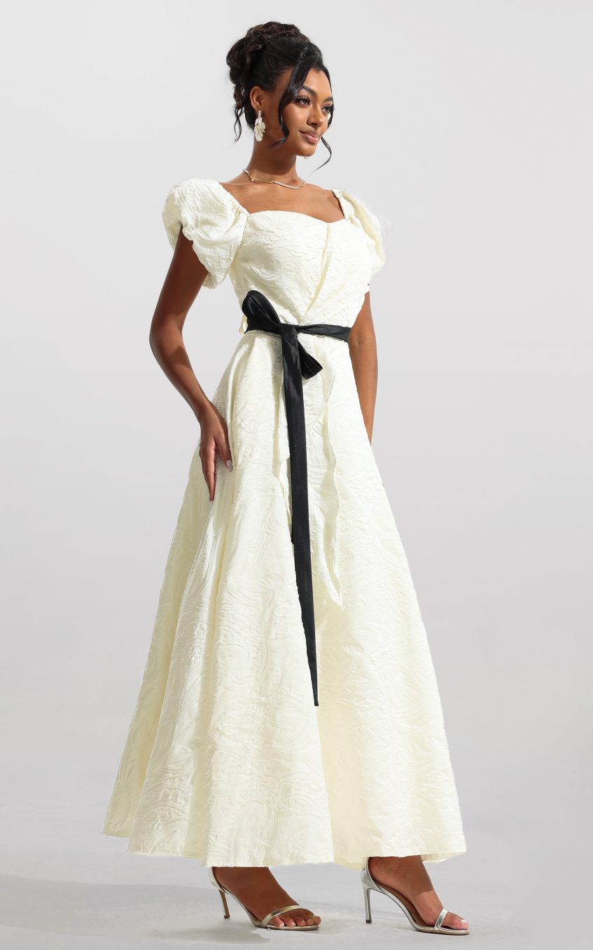 Jacquard Puff Sleeve Midi Dress