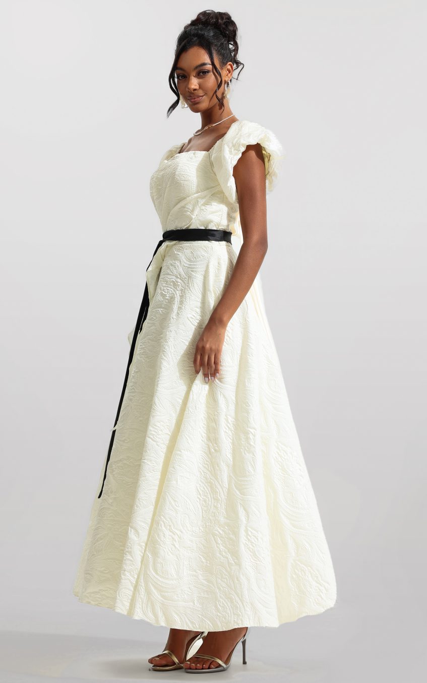 Jacquard Puff Sleeve Midi Dress