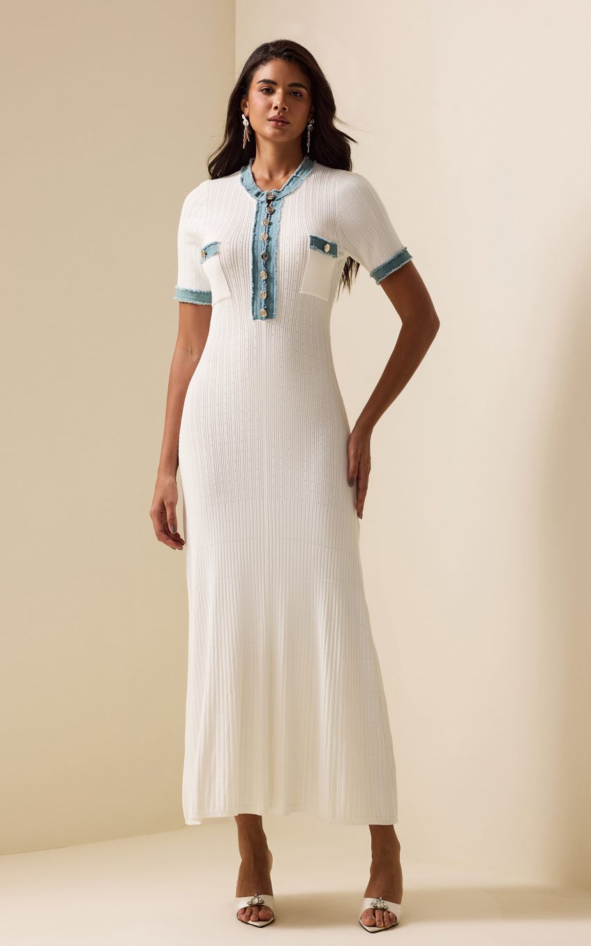 Knit Denim Contrast Color Midi Dress
