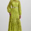 Lace Embroidered Long Sleeve Midi Dress Green