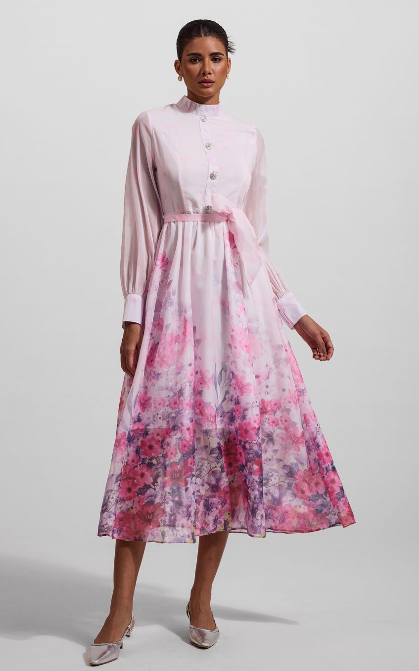 Floral Lantern Sleeve Midi Dress With Belt