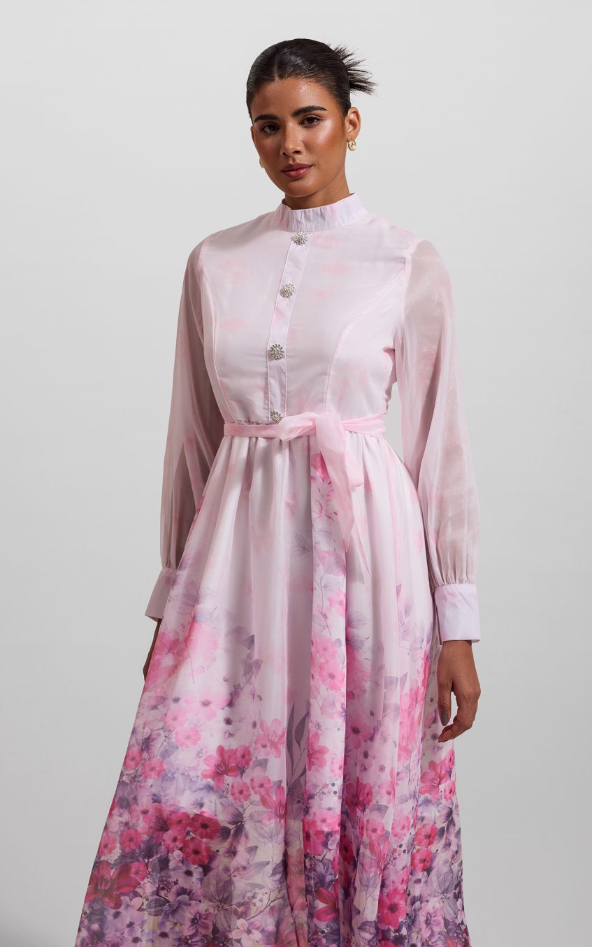Floral Lantern Sleeve Midi Dress With Belt