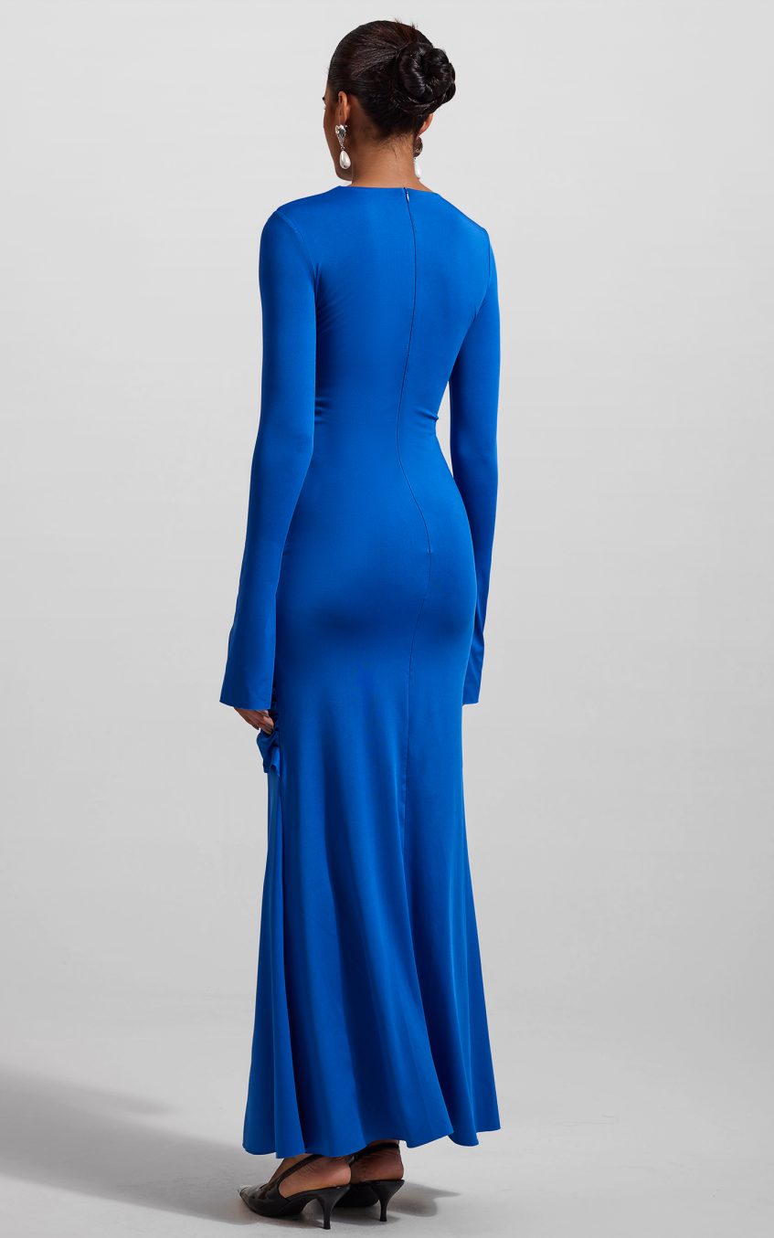 Knit Ruched Long Sleeve Maxi Dress Blue