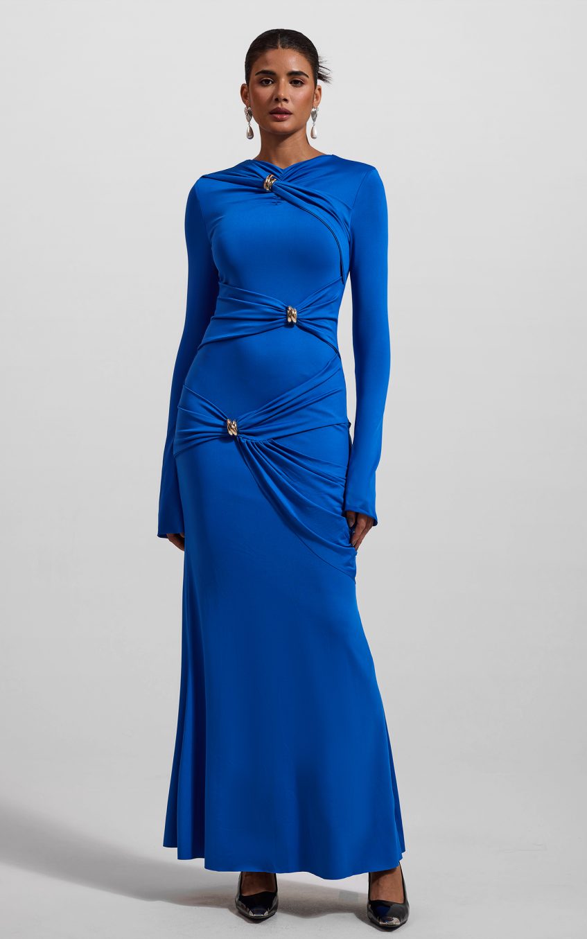 Knit Ruched Long Sleeve Maxi Dress Blue