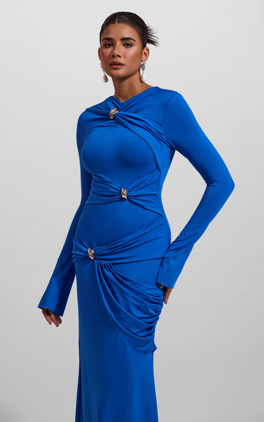 Knit Ruched Long Sleeve Maxi Dress Blue