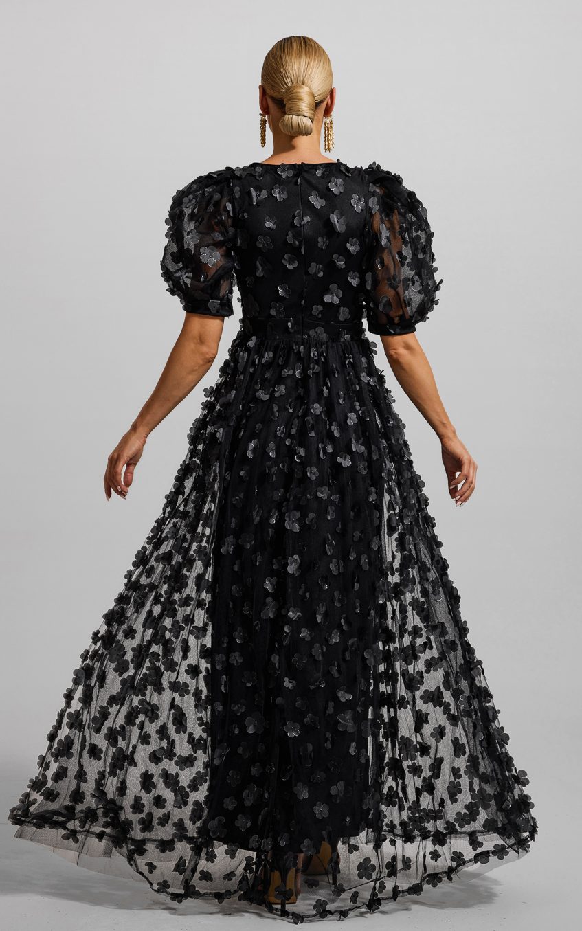 3D Floral Solid Puff Sleeve Maxi Dress