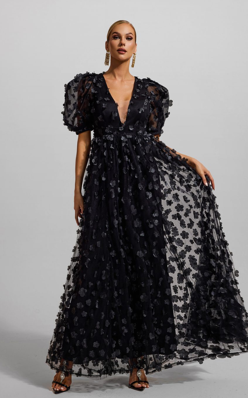 3D Floral Solid Puff Sleeve Maxi Dress