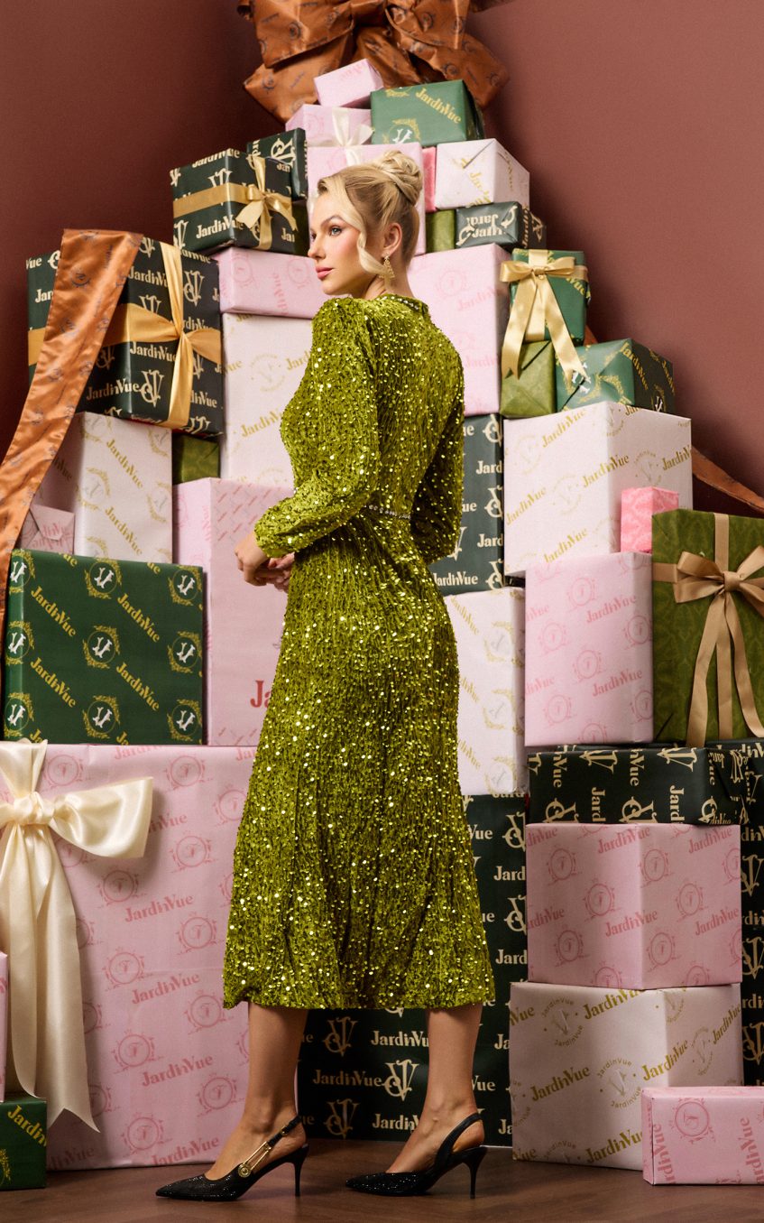 Sequin Velvet Long Sleeve Midi Dress