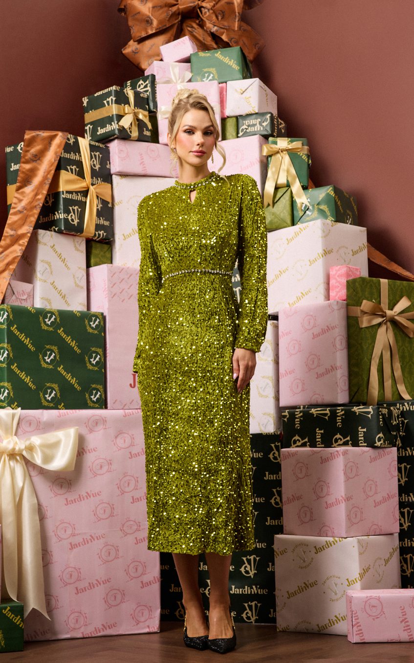 Sequin Velvet Long Sleeve Midi Dress