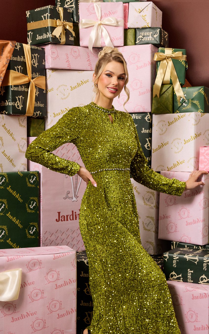 Sequin Velvet Long Sleeve Midi Dress