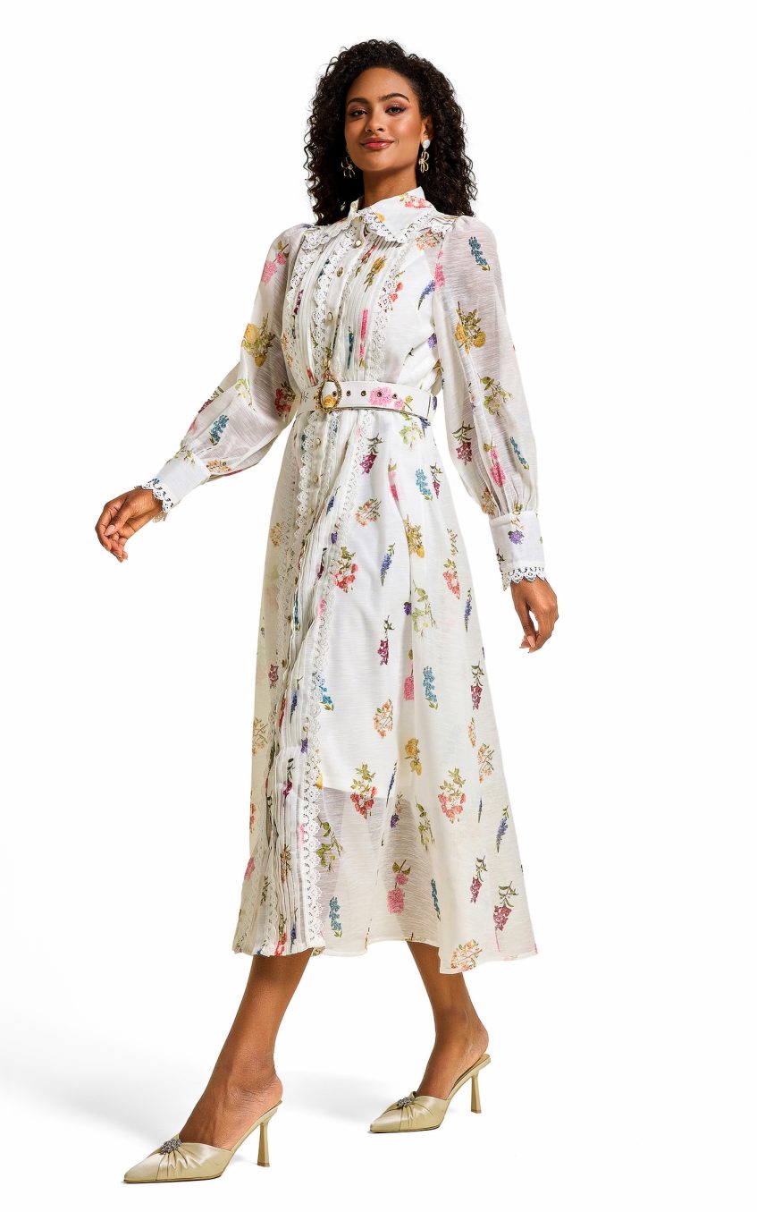 Floral Lace Lantern Sleeve Midi Dress