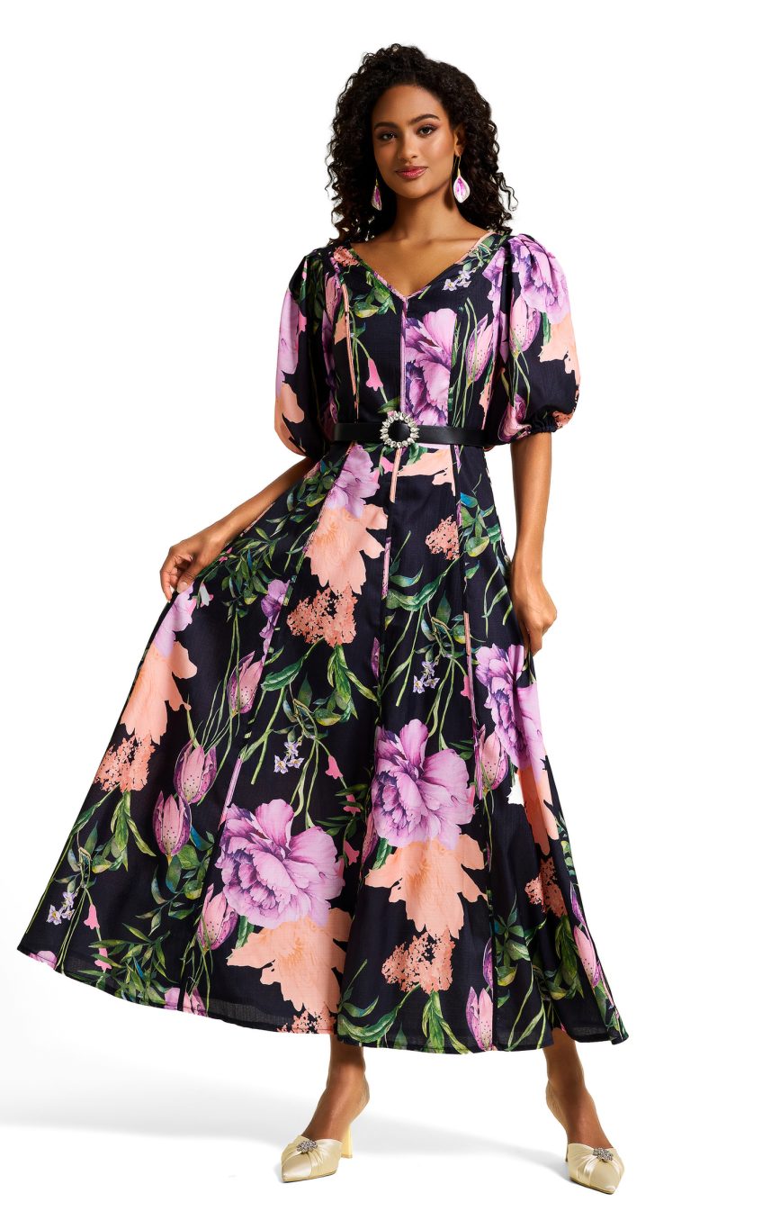 Floral V-Neck Midi Dress With Belt
