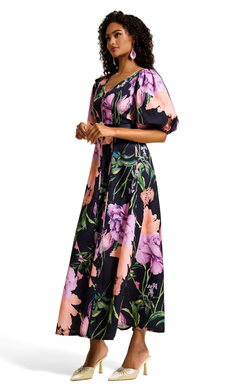 Floral V-Neck Midi Dress With Belt