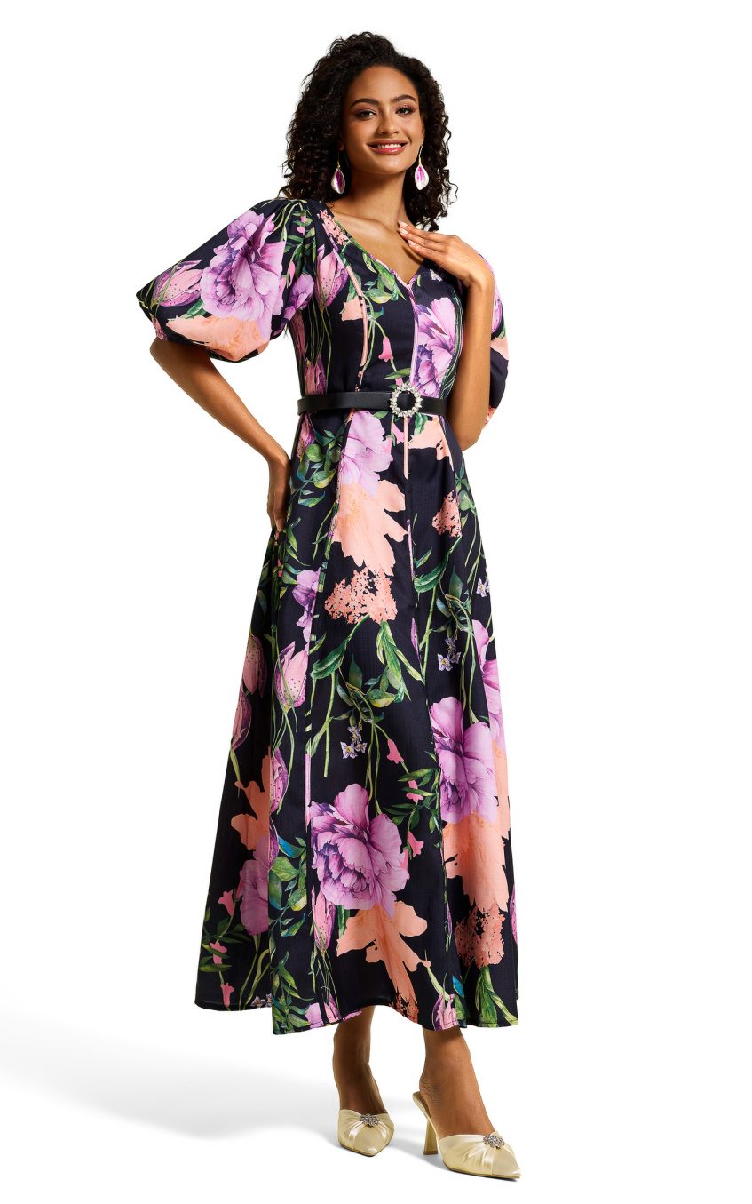 Floral V-Neck Midi Dress With Belt
