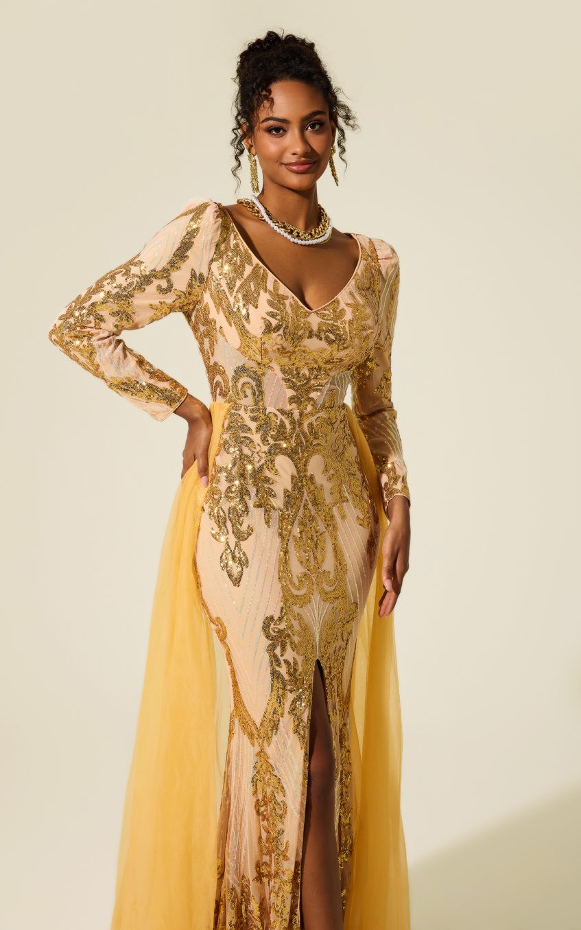 Sequin V-Neck Long Sleeve Cape Maxi Dress
