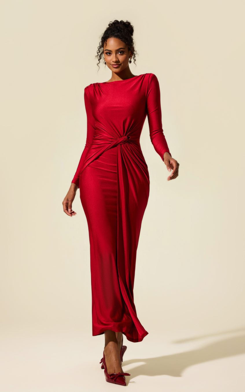 Jersey Solid Ruched Midi Dress