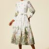 Long Sleeve Floral Stand Collar Midi Dress
