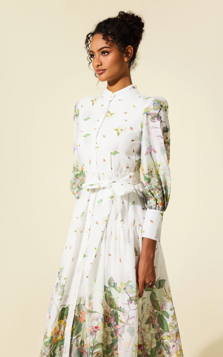 Long Sleeve Floral Stand Collar Midi Dress