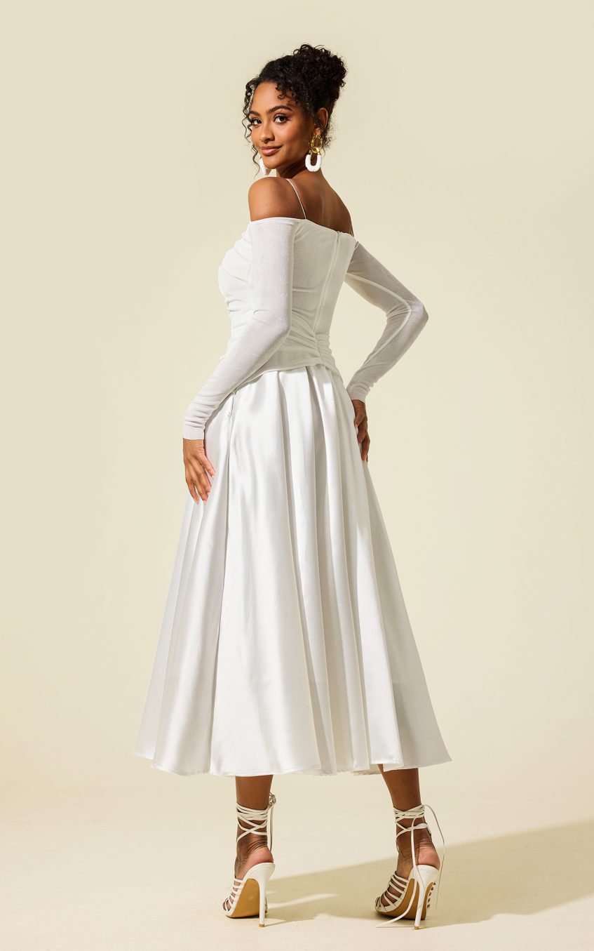 Satin Jersey Long Sleeve Off-Shoulder Midi Dress