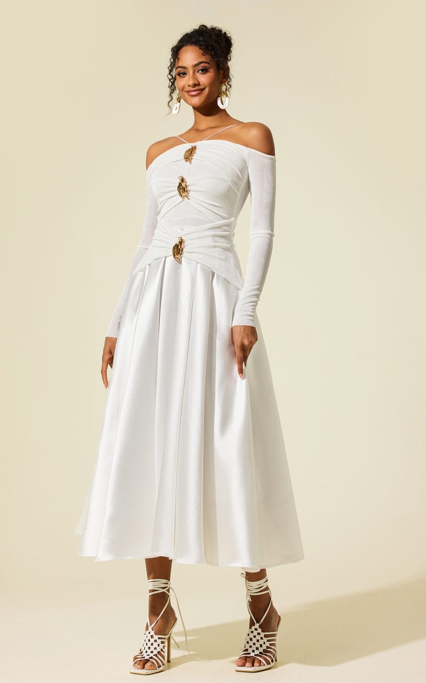 Satin Jersey Long Sleeve Off-Shoulder Midi Dress