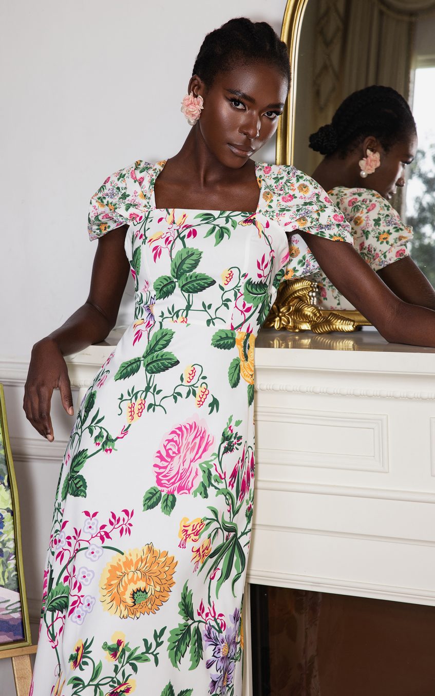 Floral Bow Draped Short Sleeve Midi Dress