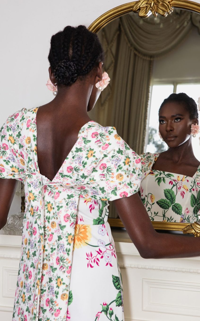 Floral Bow Draped Short Sleeve Midi Dress