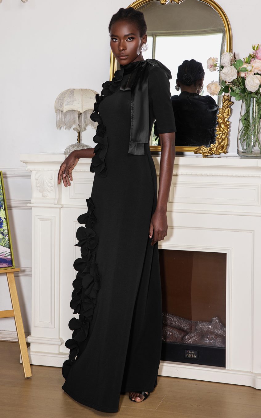 3D Flower Lace Up Mid Sleeve Maxi Dress