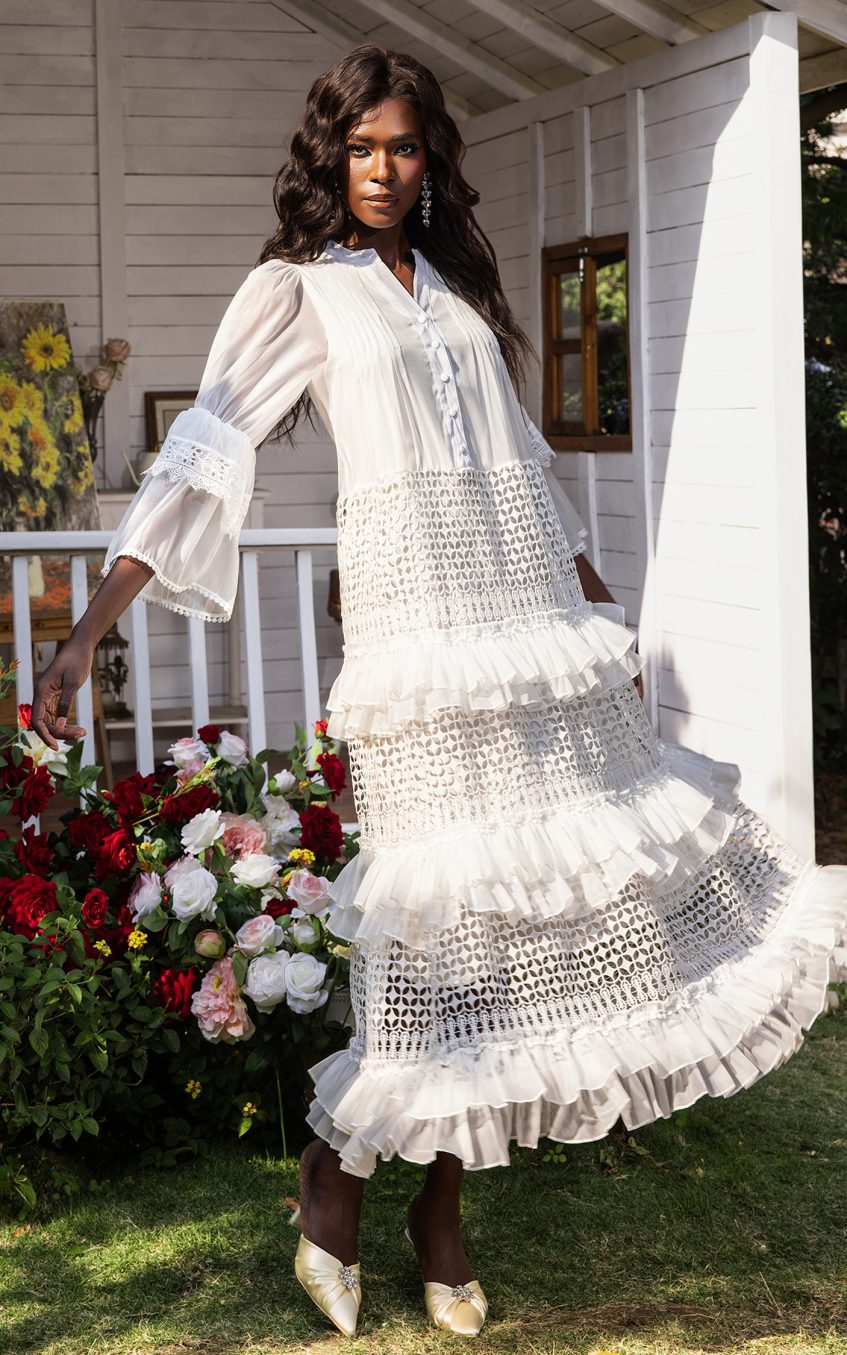 Bell Sleeve Frill Lace Midi Dress