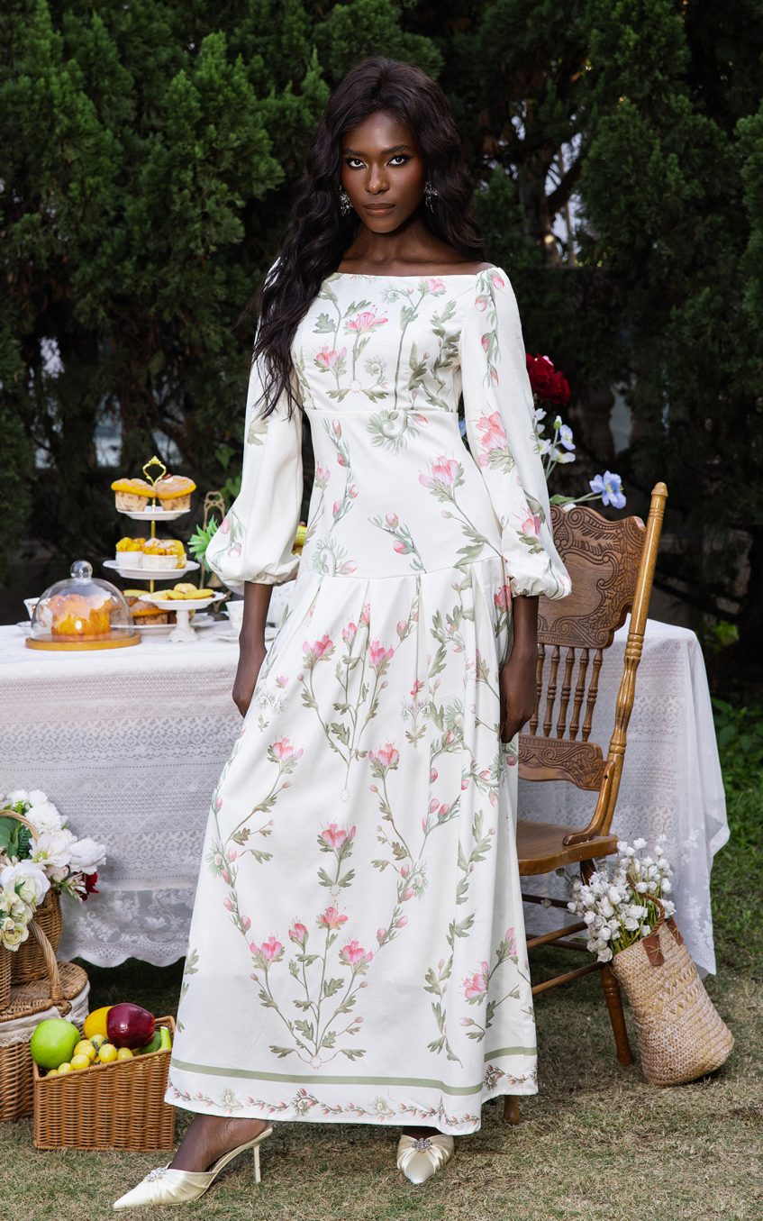 Floral Lantern Sleeve Off-Shoulder Maxi Dress