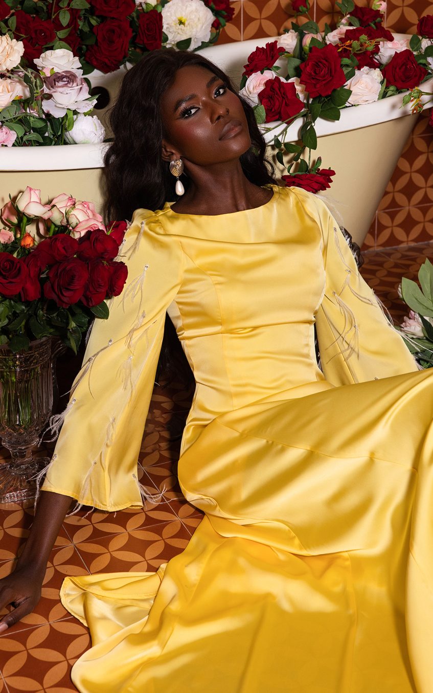 Solid Satin Rhinestone Maxi Dress