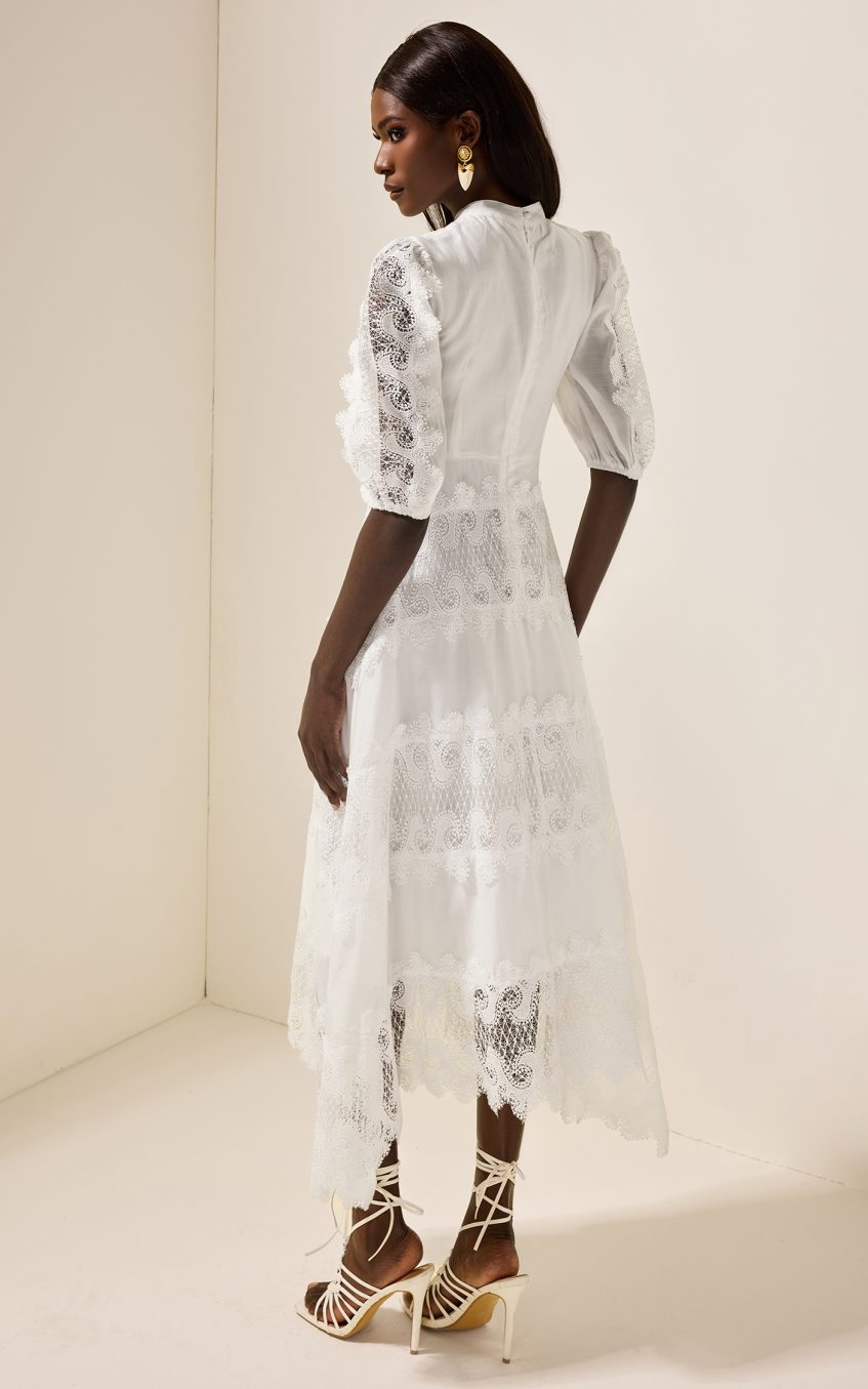 Round Neck Lace Puff Sleeve Midi Dress