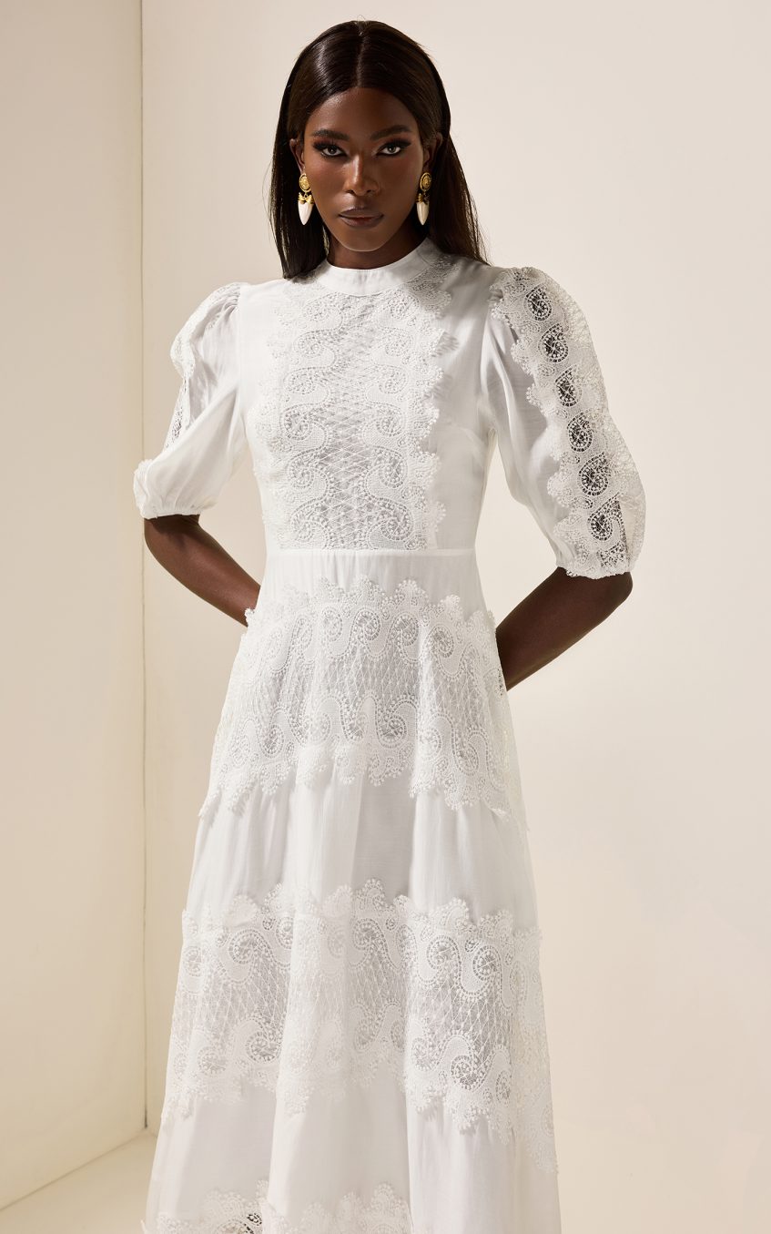 Round Neck Lace Puff Sleeve Midi Dress