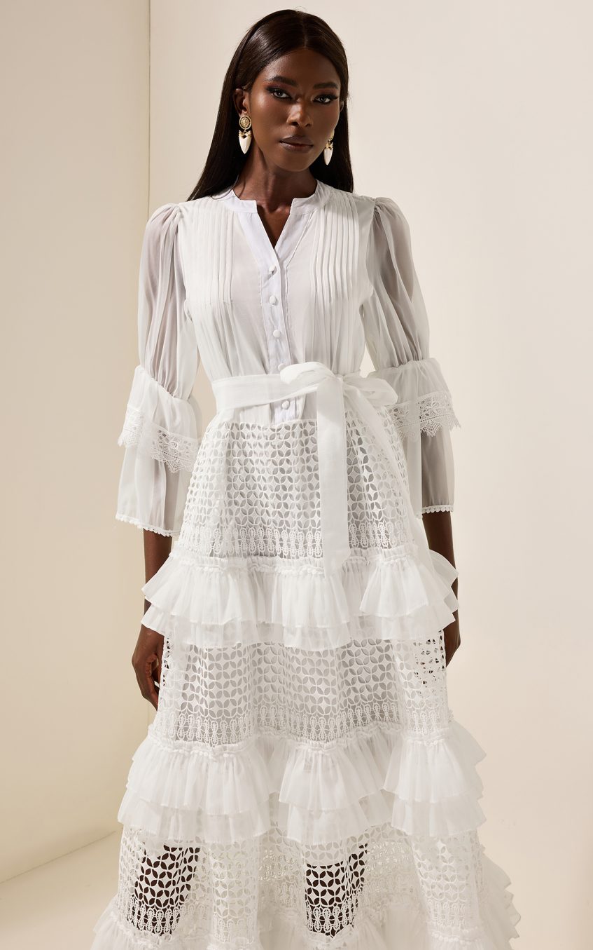 Bell Sleeve Frill Lace Midi Dress