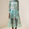 Shirt Collar Floral Lantern Sleeve Midi Dress