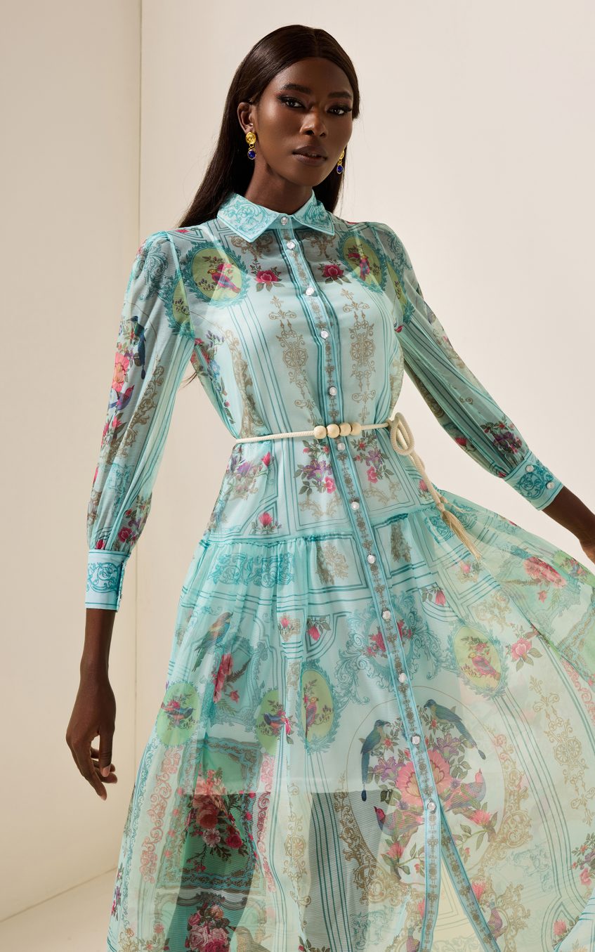 Shirt Collar Floral Lantern Sleeve Midi Dress