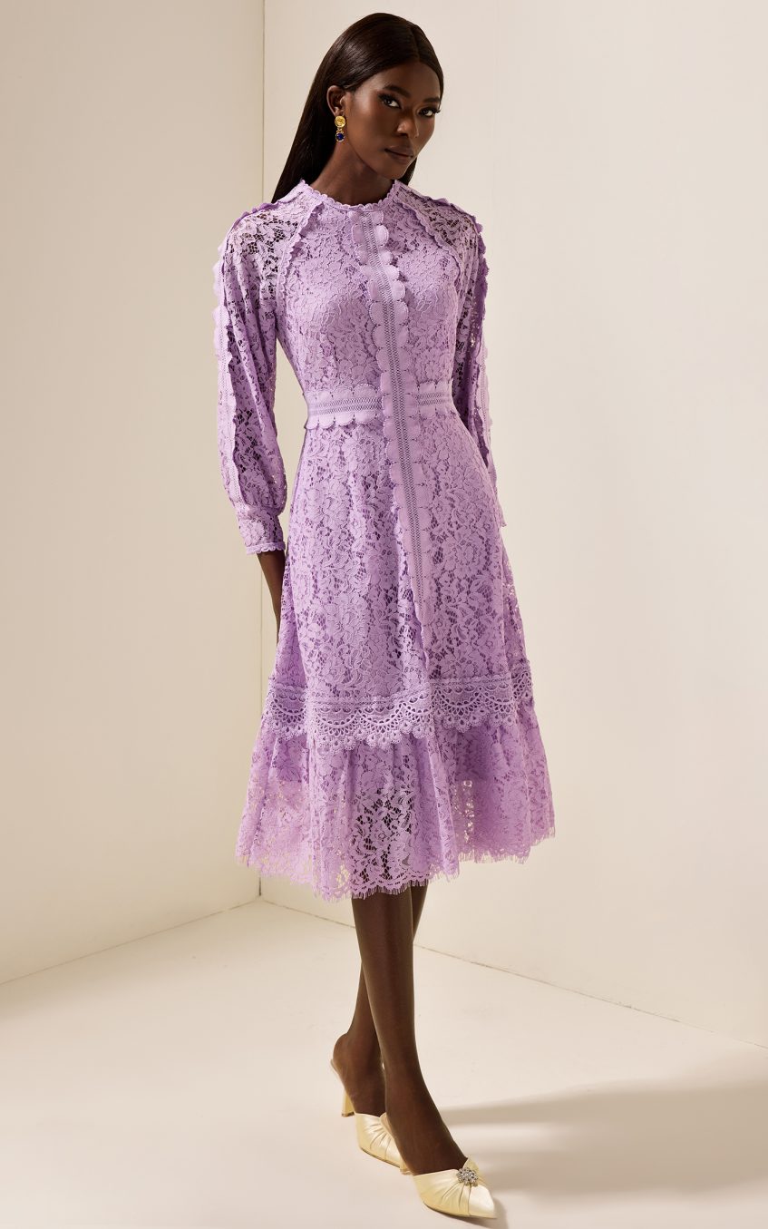 Solid Embroidered Frill Midi Dress